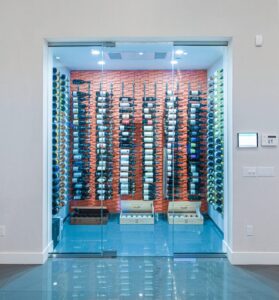 Contemporary Wine Cellar with Metal Racking System