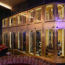 5 - This restaurant wine cellar design is cladded with dual-paned glass doors. Photo of a high end restaurant wine cellar designs
