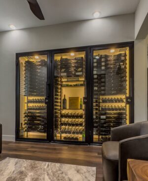2 - Modern design of framed glass wine closet in Orange County Orange County Framed Glass Wine Closet
